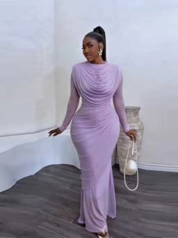 Chic and Elegant Women's Evening Dress Mesh Draped Collar Long Sleeve Bodycon Mid Dress Slim High Waisted Sexy Ladies Dress