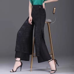 High Waist Wide Leg Pants Women's Summer Thin Ice Silk Straight Cut Slimming Drapey Floral Embroidery Loose Fit Casual Trousers