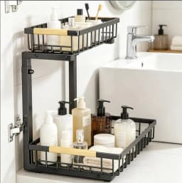 Garvee 2 Tier White/Black Under Sink Organizer Pull Out Sliding Drawer Fixed Metal Storage Rack for Kitchen Bathroom, Cleaning & Spice Organizer