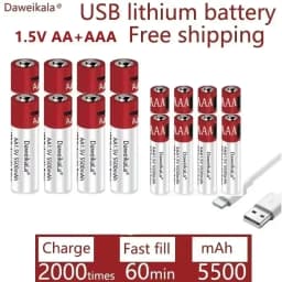 New AA+AAA high-capacity 5500mAh rechargeable lithium-ion battery AA 1.5V USB fast charging lithium-ion battery