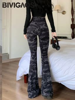 BIVIGAOS 2026 Spring New Camouflage Micro Flared Leggings Women High Waist Slim Fit Fashion Camo Sport Yoga Elastic Flared Pants