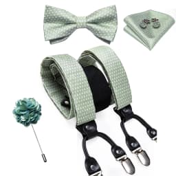 Luxury White Men's Suspenders Adjustable 6 Clips Braces DiBanGu Leather Metal Pre-Tied Bow Tie Brooch Pocket Square Set