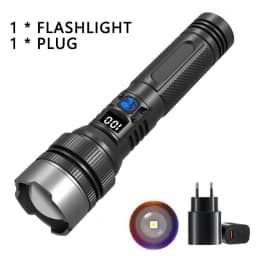 900000LM Powerful LED Flashlight Zoom Torch with Digital Display Portable Type-c Rechargeable Flashlights for Camping Hiking