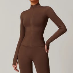 Women's Seamless Long Sleeve Yoga Top Ribbed High Neck Full Zip Slim Fit Sports Jacket Thumb Hole Workout Gym Running Activewear