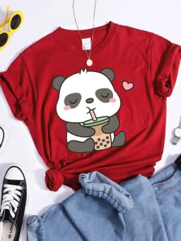 Kawaii Panda And Its Favorite Bubble Tea Female T-Shirt Street Personality Crop Top Summer Casual Tees Shirts Cool Sport Tshirts