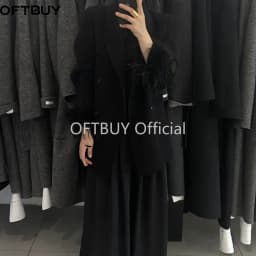 OFTBUY Women's 100% Wool Blazer Feather Cuff Double Breasted Suit Jacket Elegant Winter Warm Coat Casual Office Lady Outerwear