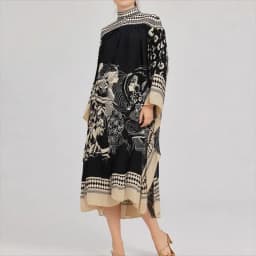 Lapel Three Quarter Sleeve Retro Printing V Neck Dress Autumn Elegant Women Loose Party Dress Femme Lacing Up Maxi Dress Vestido