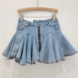 DEAT 3D Cutting Ruffled Edge Denim Skirts For Women 2024 Summer New Fashion Zipper Splicing Pleated Elastic Skirt Female 11A0198