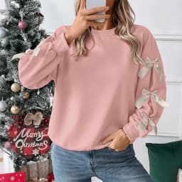 Round Neck Bow Sweatshirt Regular Length Sweet and Fresh with Pullover Patchwork Regular Sleeve Autumn Loose Fit Women Hoodie