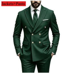 Men's Peak Lapel Double Breasted Golden Button Flap Pocket Business Commute Suit Men Trending Luxury Formal Slim Fit Groom Suit