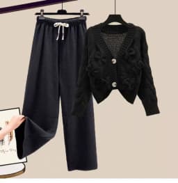 Two Piece Set For Women New In Sweater Matching Sets Korean Sweet Bow Outfit Long Sleeve Cardigan Knitwear Wide Leg Pants Set