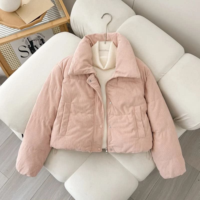 Winter Thickened Bread Style Duck down Cotton Jacket Women's Loose Fit Stand Collar Short Length Zipper Closure  Color Coat