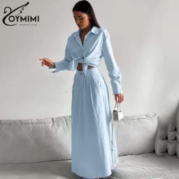Oymimi Fashion Blue Cotton Two Piece Set For Women Elegant Lapel Long Sleeve Shirts And High Waisted Button Skirts Female Sets