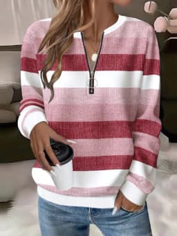 Casual Zipper Hoodie with Regular Fit Mid Length Japanese Korean Casual Digital Print Long Sleeve Striped Spring Women Hoodie