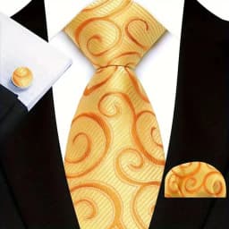 3Pcs Men's Yellow Color Stripes Plaid Solid Ties Pocket Square Cufflinks Wedding Prom Accessories 8cm Cravat Gift for Men