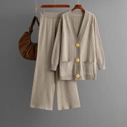 Autumn/winter Casual Women's Knitted Pants Set V-neck Long Sleeved Single Breasted Knitted Sweater Cardigan+ Wide Leg Pants