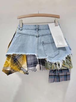 DEAT Women's Denim Skirt Colored Plaid Patchwork Irregular Deconstructed A-line High Waist Mini Skirt 2026 Spring New Fashion
