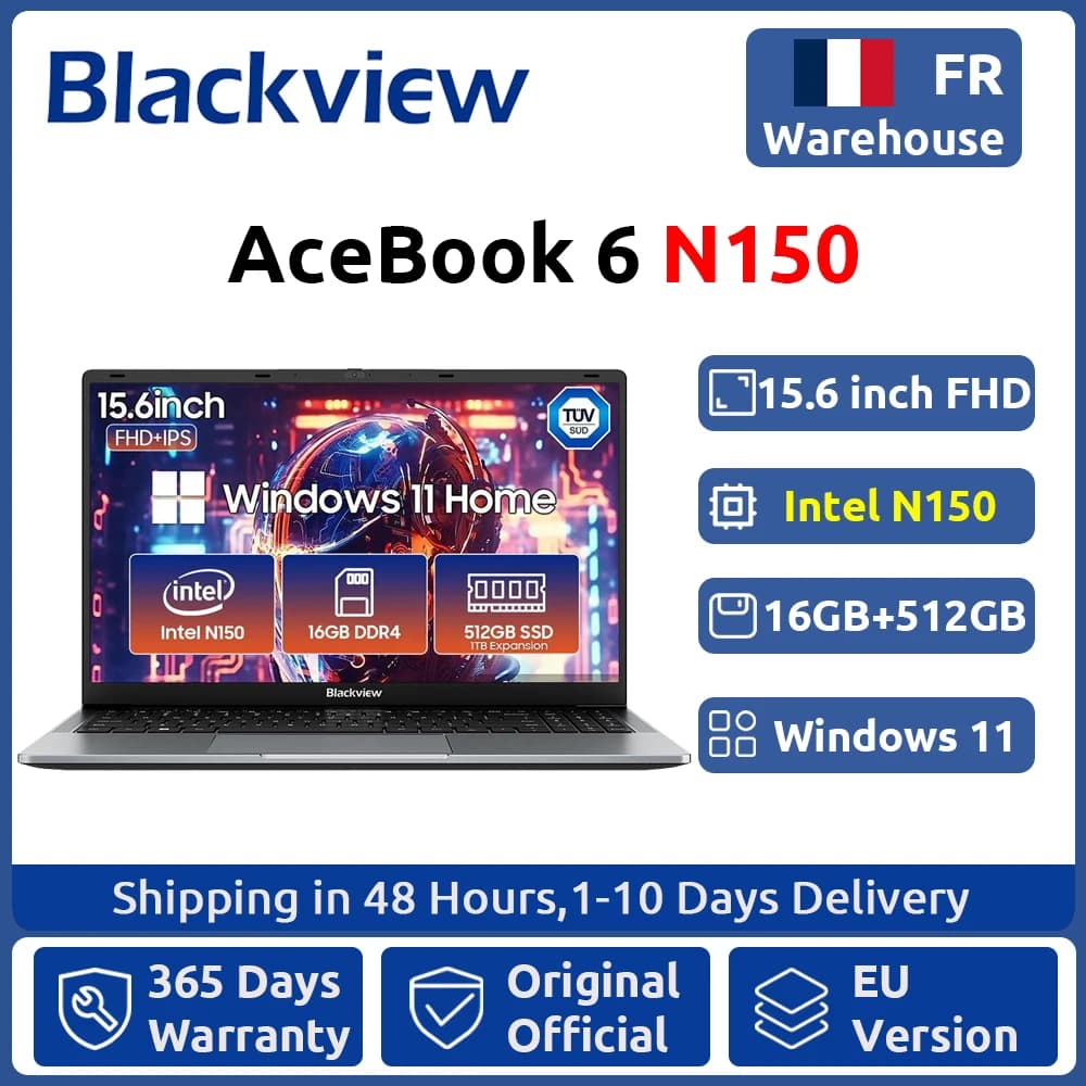 Blackview AceBook 6 Laptop Intel Twin Lake N150 CPU 15.6'' FHD+ IPS Screen 16GB DDR4 512GB SSD 36Wh Battery Windows 11 Notebook