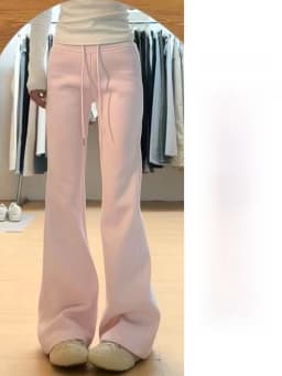 Pink High Waist Fleece Lined Flared Casual Pants Women's Autumn 2026 New Style Sporty Loose Fit Trousers Ladies Premium Casua...