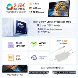 Ninkear N16 Pro Laptop Intel Core Ultra 5 115U, 16GB LPDDR5 RAM 1TB SSD, 16 Inch 2.5K IPS 120Hz Display, 100% SRGB, WiFi 6, Backlit Keyboard, Fingerprint Unlock, 65W USB-C Charging, Metal Body, Notebook for Office Work, Study and Multitasking