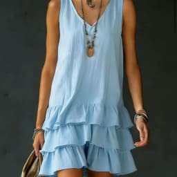 2026 Summer Casual Simple Solid Color Dress Women's Elegant Solid Color V-Neck Sleeveless Loose Layered Ruffle Edge Vest Dress