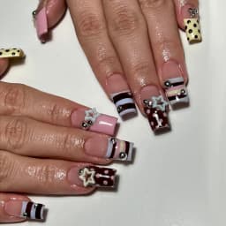 24pcs Y2K Sweet Stars Press On Nails Blue Brown Stripes French Style False Nails Wave Point Designs Autumn Vintage Fake Nail