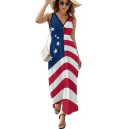 American Flag Dress Patriotic Flag Star Design Boho Beach Long Dresses V Neck Print Maxi Dress Korean Fashion Clothes Oversize