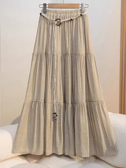 Boho Summer Cotton-Linen Midi Skirt: Flowy A-Line Pleated Long Skirt with Slimming Fit & Hip-Hiding Design for Resort Vacations