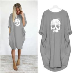 Women's Summer Loose Skull Print Round Neck Long Sleeve Pocket Comfortable Casual P lus Size Dress ashion Streetwear Oversized