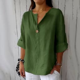 VEITCHE Spring Summer Women's Shirt Blouses Top V-neck Button Tee Shirts 3/4 Sleeve Casual Cotton Linen Top Loose Fit Pullover