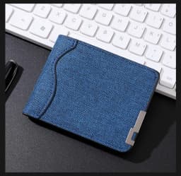 Men's And Women's Slim Fit Double Fold Canvas Wallet With Metal Decoration, Casual Denim Style Cash And Card Wallet