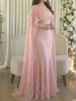 LGRQ 2026 New Elegant Round Neck Long Sleeved Waist Slimming Dress With Lace Shawl Temperament Women's Party Gown 19DB2591