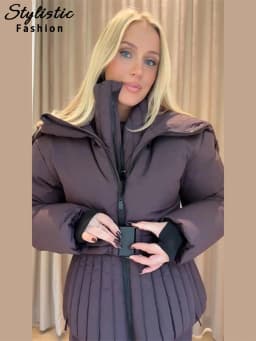 Hooded Skiing Coats Women Solid Stand Collar Belts Pleated Zippers Full Sleeve Thicken Cotton Jacket 2026 Winter Lady Outwears