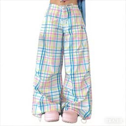 Y2K Pastel Plaid Wide Leg Cargo Pants | Drawstring Waist Baggy Trousers with Hem Toggle 90s Retro Streetwear Sweet Preppy Style