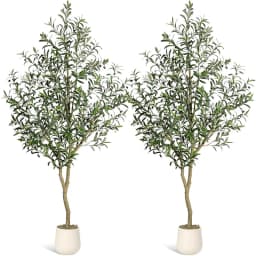 Olive Trees Artificial Indoor, 5-7ft Tall Faux Silk Plant - Fake Potted Tree with White Planter, Artificial Plants for Home Offi