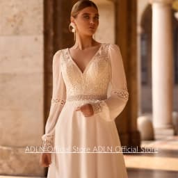 Customized Boho Bridal Gown New Arrival V Neck Puff Sleeevs Bohemian Lace Chiffon Sweep Train A Line Wedding Dresses