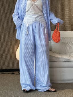 Summer Elastic Contrasting Color Drawstring Vertical Stripe Straight Leg Pants, Loose and Fresh Pants for Women