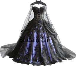 Gothic Weeding Dresses for Brides Black Lace Applique Bridal Dresses Embroidery Tiered Tulle Wedding Gowns with Cape