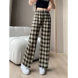 Afashion Lamb Velvet Fleece Lined Thick Plaid Casual Pants Women's Autumn Winter Loose Straight Leg Wide Leg Cotton Sleepwear Tr