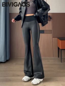 BIVIGAOS Autumn Winter Light Fleece Micro Flared Leather Pants Women's Fashion Tight Elastic PU Leather Splicing Flared Leggings