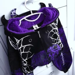 Gothic Devil Horn Fur Lined Slim Fit Hoodie Womens Blackish Purple Thorn Mesh Print Zipup Hoodie Fashionable Casual Zipup Hoodie