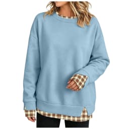 Crew Neck Sweatshirts Women Cute Long Sleeve Oversized Sweatshirt Plaid Pullove In Layered Tunic Drop Medium Weight Hoodie