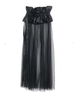 [EAM] High Waist Black Pu Leather Ruffles Mesh Long Elegant Half-body Skirt Women Fashion Tide New Spring Autumn 2026 1DF6219