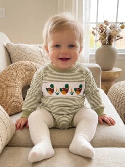Duck Embroidery Boy Fall Romper Striped Sleeve-Striped Baby-Boy-Fall Romper Embroidery-Long-Sleeve Romper Adorable Duck