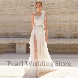 Elegant Boat Neck One Shoulder Wedding Dress Boho Chiffon Lace Irregular Floor Length Bride Beach Customized Summer Bohemia Gown
