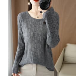 Autumn New Ladies Soft Breathable Sweater Wool Blend O-Neck Pullover Curved Hollow Out Knitted Sweater Slim-Fit Commuter Tops