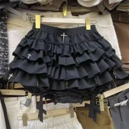 Ballet Style Lace Cake Puffy Black Skirt for Women 2025 New High Waist Loose Casual Lolita Sweet Girl A-line Mini Skirt Chic