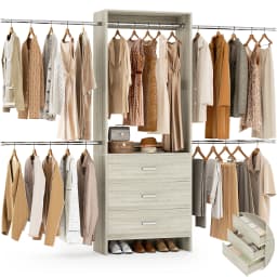 Aheaplus Closet System Closet Organizer with 3 Wooden Drawers Walk-in Closet Wardrobe with 4 Hanging Rods Clothes Rack Garment Organizer