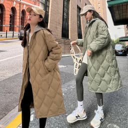 2025 Autumn Winter New Down Cotton Jacket Women's Long Over Knee Loose Jacket Diamond Grid Quilted Jacket Fake Two-Piece Parka
