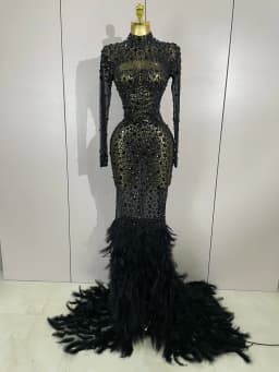 New Sexy Sparkling Red Crystals Feathers Long Sleeve Mermaid Maxi Dress Women Wedding Celebrate Luxury Birthday Party Prom Gown
